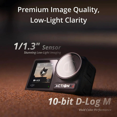 Close-up of Osmo Action 4 Waterproof Action Camera Bundle with 4K 120fps, 1/1.3 Inch Sensor, Killer Low Light Footage