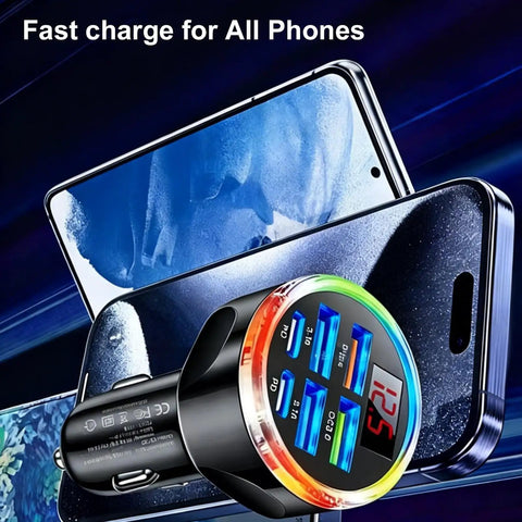Hassle Free 6 In 1 Usb C Car Phone Charger With Real Time Volt Meter, 250W Multiport Cigarette Lighter Plug for charging smartphones.
