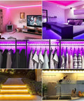 Living room, bedroom, closet, stairs, and kitchen illuminated by 100Ft Smart RGB LED Strip Lights With Music Sync That Moves To Your Beats 40 Key Remote Included Multi Colored Mood Lighting For Bedroom Decor And Christmas Lights.