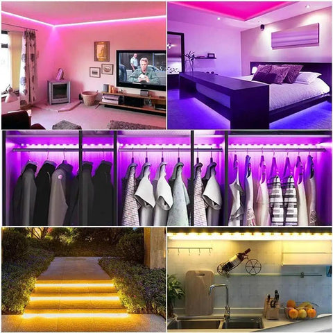 Living room, bedroom, closet, stairs, and kitchen illuminated by 100Ft Smart RGB LED Strip Lights With Music Sync That Moves To Your Beats 40 Key Remote Included Multi Colored Mood Lighting For Bedroom Decor And Christmas Lights.