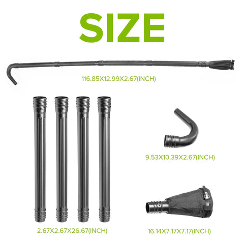 Gutter Cleaning Kit With 11 Ft Reach For Quick Leaf And Debris Cleanup components shown with dimensions.
