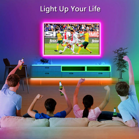 Living room with 50 Feet LED Strip Lights With App And Remote Control Music Sync RGB Color Changing 16 Million Colors 100 Brightness Levels