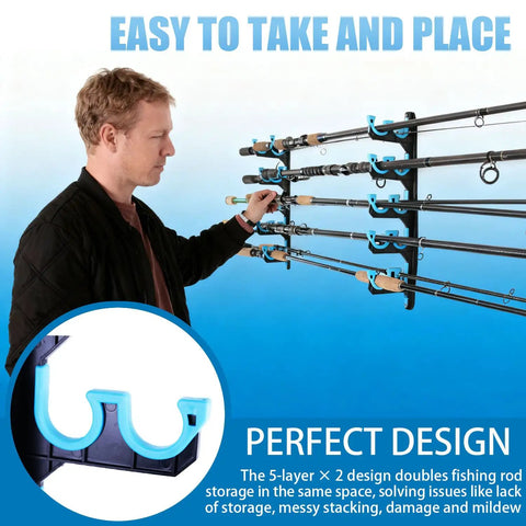 Wall Or Ceiling Mounted Fishing Rod Rack With Soft Protective Pads That Holds Up To 10 Rods Or Combos Or Nets in use