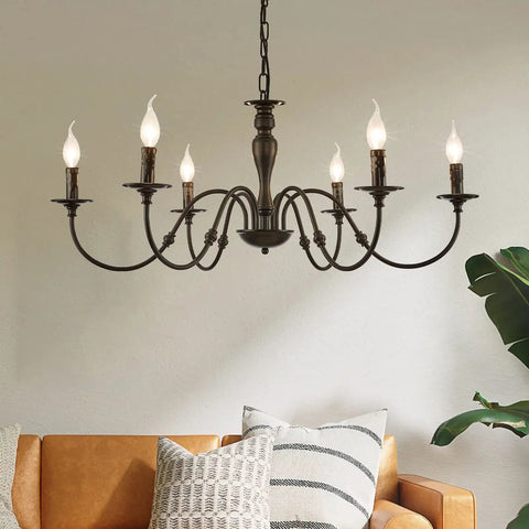 Six Light Black Farmhouse Chandelier With Rustic Industrial Iron Build Modern Metal Candle Style Ceiling Light