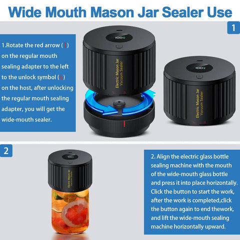 Tutorial for Electric Mason Jar Vacuum Sealer Kit For Fresh Preserves with red arrow alignment and two vacuum sealing units.