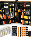 Heavy Duty Network Cable Tester Kit Featuring Slick Wire Strppers Rock Solid Crimping Tool And Punch Down Driver For Super Fast Rj45 Rj11 Cat5 Cat6 Repairs Complete Set with tools in an open case.