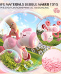 Magical Pink Unicorn Bubble Machine For Toddlers Ages Two To Four, Portable Electric Toy with LED lights in a grassy park.