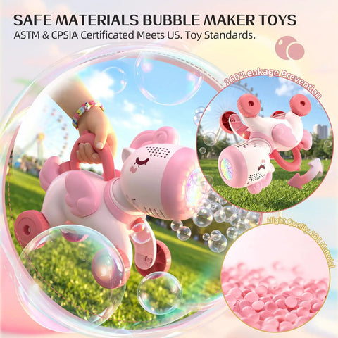 Magical Pink Unicorn Bubble Machine For Toddlers Ages Two To Four, Portable Electric Toy with LED lights in a grassy park.
