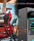Bangin Compact Digital Reverb Guitar Pedal With 9 Modes next to red electric guitar with Bluetooth support highlighted.