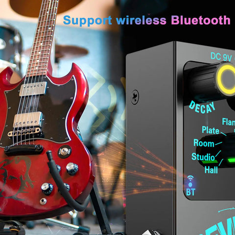 Bangin Compact Digital Reverb Guitar Pedal With 9 Modes next to red electric guitar with Bluetooth support highlighted.