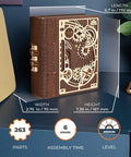 Book Of Secrets Steampunk 3D Puzzle Kit For Adults With Hidden Gears wooden model on display with dimensions shown