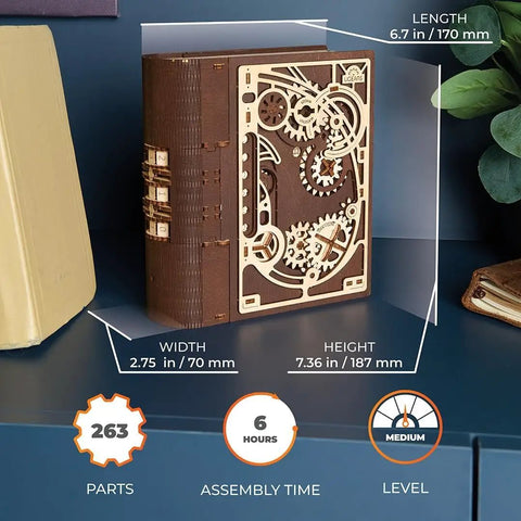 Book Of Secrets Steampunk 3D Puzzle Kit For Adults With Hidden Gears wooden model on display with dimensions shown