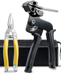 Heavy Duty Zip Tie Gun Kit with industrial scissors, tensioner and cutter for electrical work, includes bag and manual.