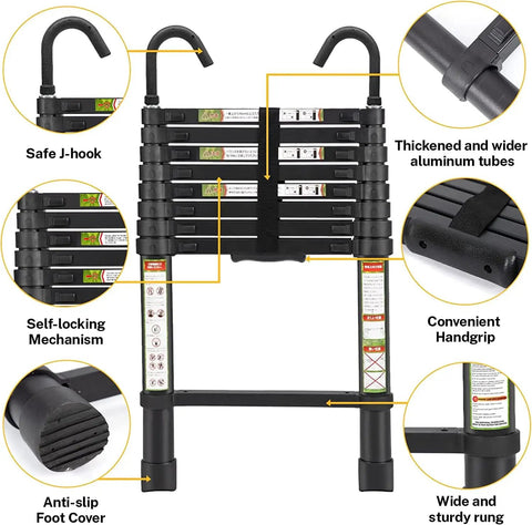 All Around Workhorse Extendable Aluminum Ladder 10.5 Ft With 330 Lb Load featuring non-slip feet and stable hooks.