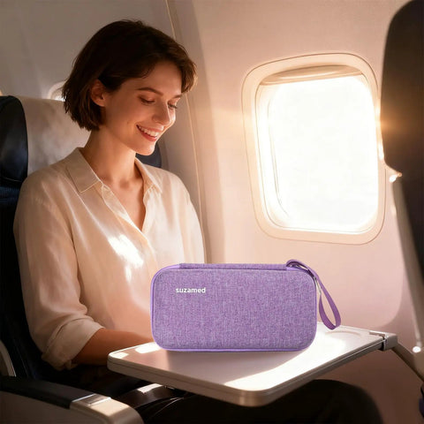 Insulin Cooler Travel Case With EVA Insulation And Two Ice Packs For Diabetes Care, TSA approved, on airplane tray.