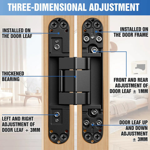 Bisagras ocultas para puertas secretas, 15 Inch 6,35 Inch 2,54 Inch , ajustables en tres direcciones, con montaje oculto invisible, color negro, paquete de 2 unidades