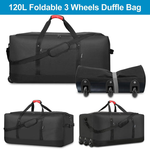 Finnhomy 120L black foldable rolling duffel bag with 3 wheels and shoulder strap (front view)