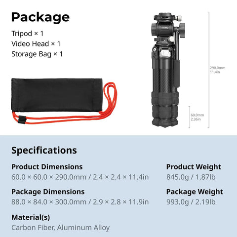 Pro Grade Carbon Fiber Tabletop Tripod Kit With 17 Inch Compact Desktop Design Built In Arca QR Plate Lightweight shown folded with bag