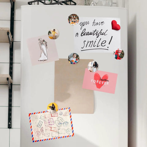 Refrigerator with notes and photos using 100 Pcs 1.5 Inch Round Sublimation Blank Aluminum Sheets For Heat Transfer Projects