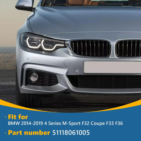 Front view of BMW 2014-2019 4 Series M-Sport F32 F33 F36 with focus on passenger side tow hook cover, part 51118061005.