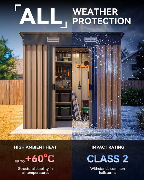 6x4Ft Outdoor Storage Shed Waterproof Metal Garden Shed with Lockable Sliding Door showing weather protection features.