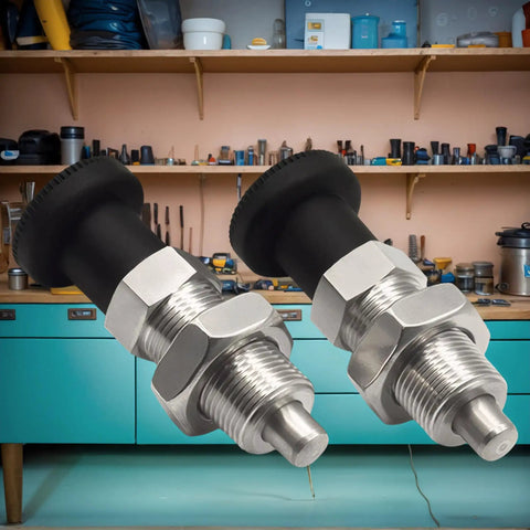 M20 Stainless Steel Reset Knob Spring Plunger With Secure Locating Pin And Heavy Duty Push Button Latch Mechanism For Grease Monkey Garages And Straight Shot Diy Hardware Jobs Rust Proof Build in workshop setting.