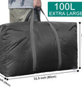 Man holding Beefy 100L Extra Large Storage Bags with Heavy Duty Zippers, sturdy handles, dimensions 31.5x11.5x19 in, black color.
