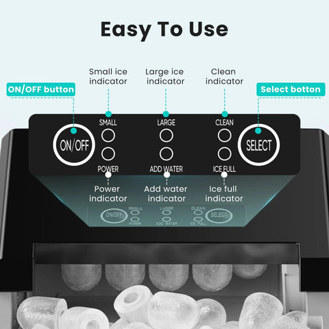 OLIXIS black countertop ice maker with handle; front control panel with On/Off and Select buttons.