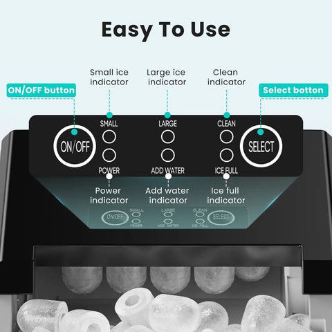Control panel of Countertop Ice Maker With Handle Auto Clean Portable Ice Maker 26 Lbs In 24 Hours 9 Ice Cubes In 6 Minutes