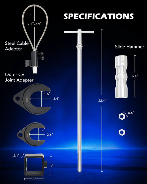 Hella Tough CV Axle Puller Slide Hammer Tool Set for Auto Repair showing slide hammer, steel cable adapter, and CV joint adapters.