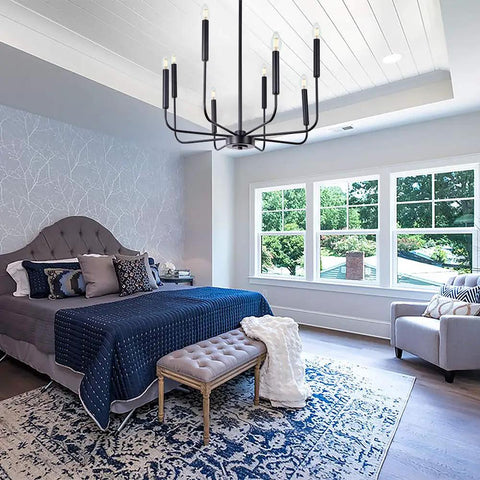 Bedroom with Eight Light Modern Farmhouse Black Chandelier For Dining Room And Living Areas Matte Black Candle Style Ceiling Fixture