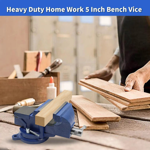5 Inch Ductile Iron Bench Vise With 360 Degree Swivel Lock Base on workbench with wood planks