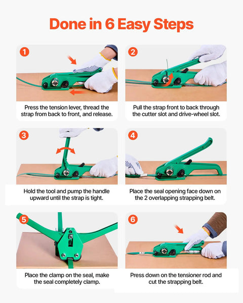 Step-by-step guide using Heavy Duty Banding Strapping Kit With Sealer Tool And Gloves for pallet packaging and moving.