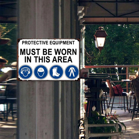 Must Wear Protective Equipment Area Aluminum Sign 8x12 Inch Durable Metal Safety Warning mounted on outdoor wall.