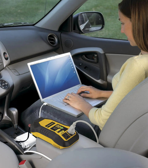 Top Shelf 500 Watt Car Power Inverter With Dual 120V Outlets And Usb Charging Ports used in vehicle to charge laptop.