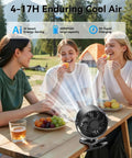 Three people enjoying a picnic with a Powerful Clip On Desk Fan With USB Rechargeable Battery 9000 RPM Turbo Airflow Beast 360 Degree Rotation LED