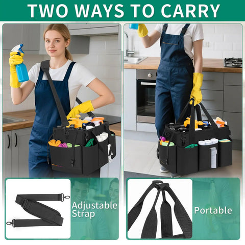 Person using Wearable Cleaning Caddy Bag Pro Grade With Adjustable Shoulder Strap Large Capacity Organizer Black