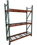 Heavy Duty Teardrop Pallet Rack Frame 48 Inch Depth By 144 Inch Height Welded Steel Uprights in a warehouse with three shelves.