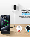 Must Have All In One Wireless Charging Stand For Fast Charging Phone Dock With 15W 10W And 7.5W Modes Compatible With Galaxy S24 Ultra docked iPhone showing charging status with USB-C cable plugged into wall outlet.