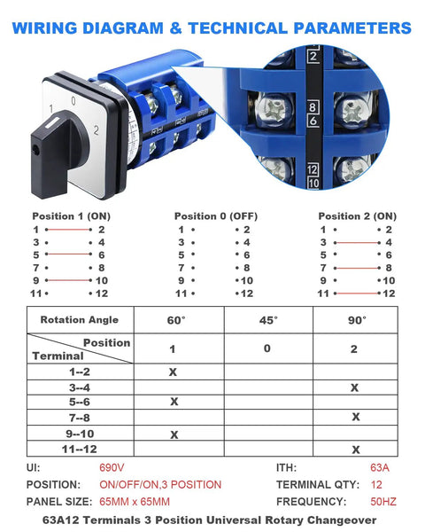 Built Tough Multi Transfer Switch 660V 63A 3 Position Changeover With 12 Terminals For RV Camper And Boat Electrical System Durable Copper Core Rotary Switch For Reliable Power Switching wiring diagram