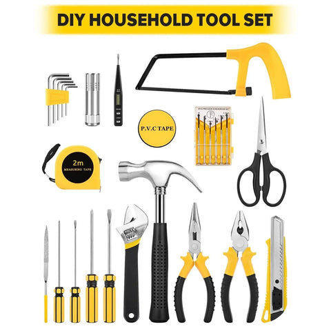 DIY Tool Kit Set With Storage Case For Home Garage And Office Grab And Go Hand Tools For Quick Fixes And Everyday Projects Fully Organized And Ready To Tackle Any Job, featuring 27 pieces including saw, screwdrivers, hammer, and scissors.