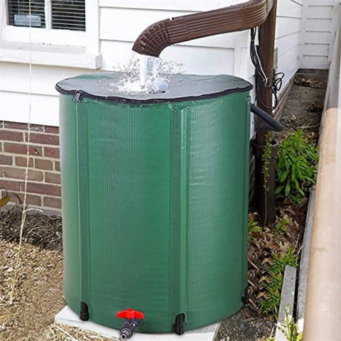 750L Foldable Rain Barrel With Large Capacity Water Storage Tank Portable Rainwater Harvesting Container next to house