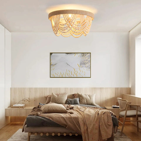 Stylish Boho Fandelier Ceiling Fan With Built In Light And Wireless Remote Six Speeds Low Profile Flush Mount Wood Beaded Detail in a modern bedroom.