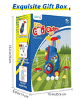 Toddler Golf Set With Upgraded Clubs And Shoulder Strap Carrier box showing contents and dimensions for indoor outdoor play