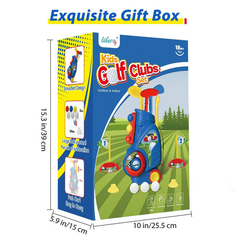 Toddler Golf Set With Upgraded Clubs And Shoulder Strap Carrier box showing contents and dimensions for indoor outdoor play