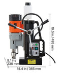 Heavy Duty Magnetic Drill Press 1550W with 19.5 inch height, 9.1 inch width, and 0 to 600 rpm control for precise core cutting.