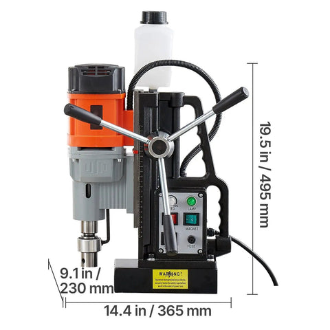 Heavy Duty Magnetic Drill Press 1550W with 19.5 inch height, 9.1 inch width, and 0 to 600 rpm control for precise core cutting.