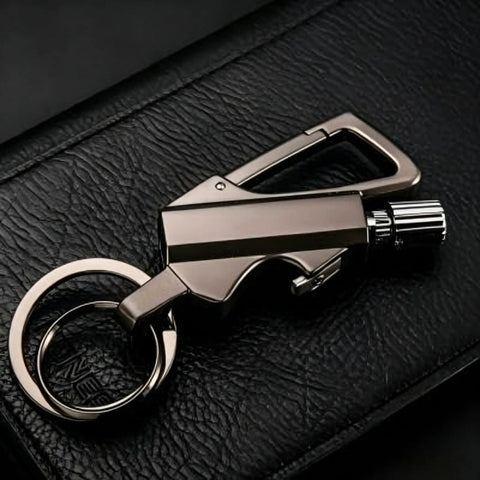 Ultimate Reusable Waterproof Survival Lighter With Multitool Keychain And Bottle Opener For Outdoor Camping Hiking And Emergency Kits on leather surface