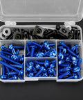 Aluminum Motorcycle Fairing Screw Kit With 177 Pieces M5 And M6 Bolts And M6 Washer Set in blue and black with storage box
