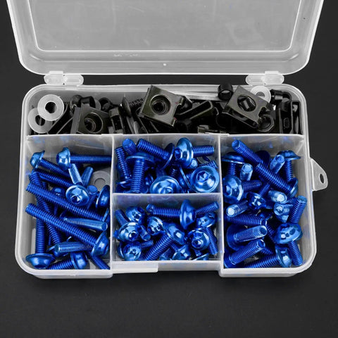 Aluminum Motorcycle Fairing Screw Kit With 177 Pieces M5 And M6 Bolts And M6 Washer Set in blue and black with storage box